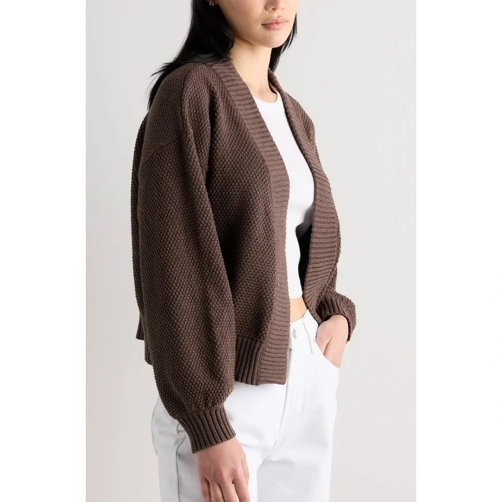 Quince 100% organic cotton waffle  open front Cardigan Sweater XS heather brown